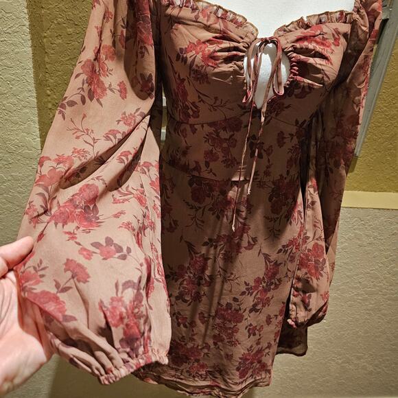 Romantic Cottagecore Floral Top Milkmaid Ruched Whimsy Boho Peplum Sheer Dress S - Picture 8 of 11